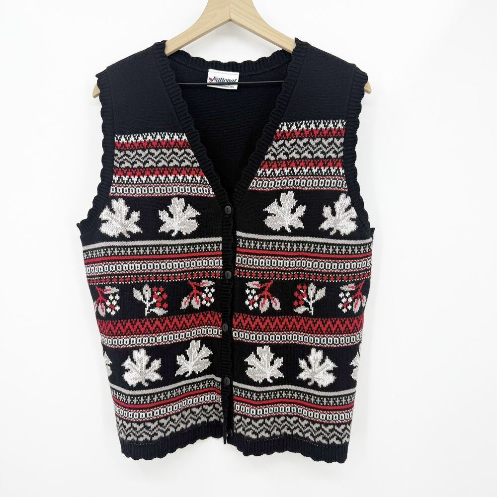 National Ugly Christmas Sweater Vest L Ski Lodge Nordic Grandmacore Knit Holiday